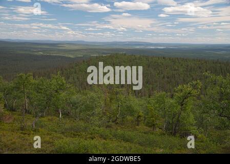 Scena da Könkäsentunturi è caduto guardando a sud, Pallas-Yllästunturi Parco Nazionale, Muonio, Lapponia, Finlandia Foto Stock