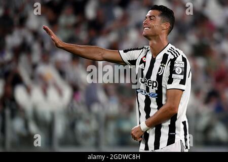 Cristiano Ronaldo della Juventus FC reagisce durante la partita di calcio pre-stagione tra Juventus FC e Atalanta BC allo stadio Allianz di Torino, 14 agosto 2021. Foto Federico Tardito / Insifefoto Foto Stock