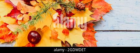 bouquet di foglie rosse e gialle di acero rosso e giallo secco accatastate l'una sopra l'altra, su di loro sono castagne, semi d'acero, e uno sprig di larice con c. Foto Stock