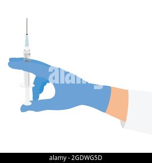 Nurse mano in guanto medico contenente siringa monouso con ago un'iniezione isolata su sfondo bianco. Concetto di vaccinazione Illustrazione Vettoriale