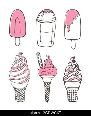 Set di icone gelato vettore doodle illustrazione. Collezione estiva bambini di cieca e in cono isolato su bianco Illustrazione Vettoriale