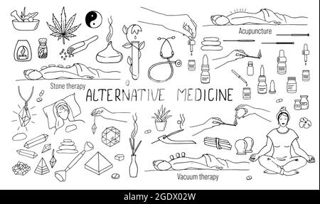 Un insieme di illustrazioni vettoriali isolate sul tema della medicina alternativa nello stile del doodle. Aroma, Stone Therapy, Vacuum Therapy, agopuntura Th Illustrazione Vettoriale