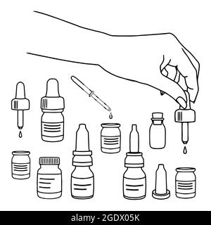 Un set di flaconi di medicina farmaceutica con contagocce in stile doodles in formato vettoriale, adatti per l'uso su Internet, stampa o pubblicità. Illustrazione Vettoriale