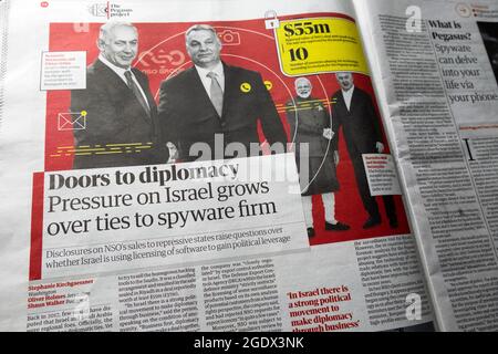 'Doors to diplomacy Pressure on Israel grows over lins to spyware firm' titolo dell'articolo del giornale Guardian il 21 luglio 2021 Londra Inghilterra UK Foto Stock