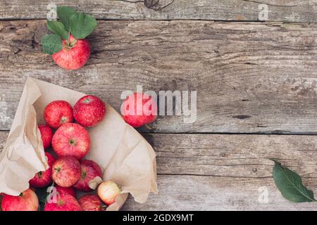 Le mele rosse giacciono su uno sfondo rustico di legno in un sacchetto di carta strappato. Imballaggio ecocompatibile. Raccolto del coltivatore, raccolto di autunno Foto Stock