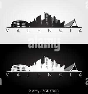 Skyline di Valencia e linee di riferimento, design in bianco e nero, illustrazione vettoriale. Illustrazione Vettoriale