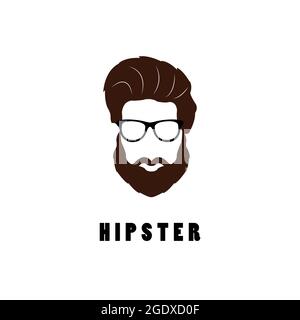 Uomo hipster. Capelli, barba e bicchieri in stile piatto. Icona hipster silhouette Black Fashion isolata su sfondo bianco. Illustrazione Vettoriale