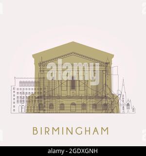 Delineare lo skyline di Birmingham con i suoi punti di riferimento. Illustrazione vettoriale. Concetto di viaggio d'affari e turismo con edifici storici. Immagine per la presentazione, b Illustrazione Vettoriale