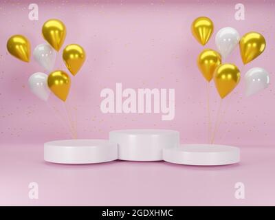 Tre podio bianco con palloncini bianchi e dorati. Sfondo cosmetico a piedistallo minimo per la presentazione del prodotto. rendering 3d Foto Stock