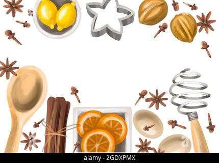 Cena di Natale o del Ringraziamento. Su fondo bianco: Uova, noci, fette d'arancia, cannella, limoni, garofano, anice e tappezzeria da forno. Foto Stock