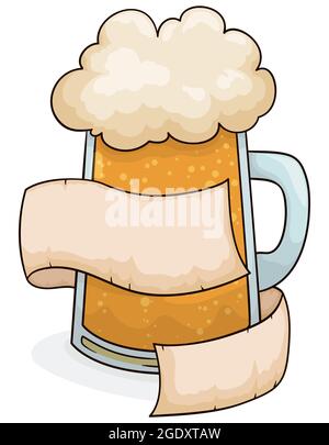 Tankard in vetro decorato con nastri come rotoli, servito con deliziosa e frososa birra, isolato su sfondo bianco. Illustrazione Vettoriale