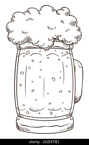 Tankard in vetro con bolle e schiuma disegnata a mano, isolato su sfondo bianco. Illustrazione Vettoriale