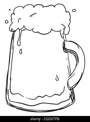 Birra frothy servita in un tankard con manico, in stile disegnato a mano. Illustrazione Vettoriale