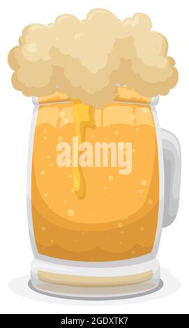 Birra frizzante e frizzante servita in un tankard di vetro con manico, in stile cartone animato e isolato. Illustrazione Vettoriale