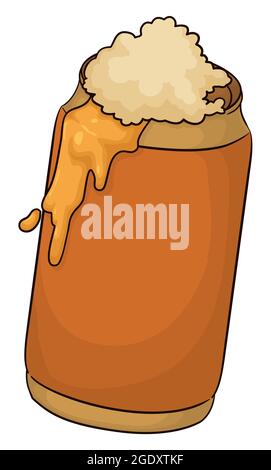 Lattina metallica di colore dorato, aperta, con la birra e la schiuma che si versano. Illustrazione Vettoriale