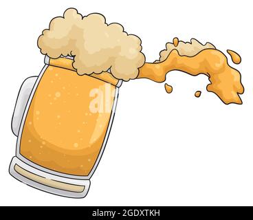 Deliziosa birra frothy servita in un tankard di vetro pendente e versato in stile cartone animato. Illustrazione Vettoriale