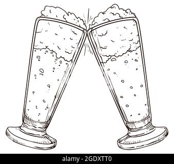 Un paio di tazze pilsner con birra festeggiando con un toast, isolato in stile disegnato a mano. Illustrazione Vettoriale