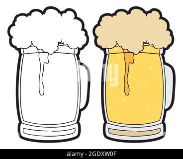 Due tankard di vetro con birra frotosa in stile piatto, una in bianco e nero e l'altra colorata. Illustrazione Vettoriale