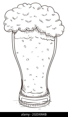 Disegno di birra frizzante servita in un vaso di vetro weizen in stile disegnato a mano, su sfondo bianco. Illustrazione Vettoriale