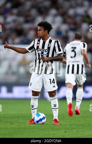 Weston McKennie della Juventus FC gesti durante la partita amichevole pre-stagione tra Juventus FC e Atalanta Bergamasca Calcio allo stadio Allianz il 14 agosto 2021 a Torino, Italia. Foto Stock