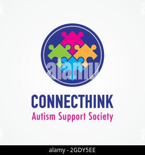 Connecthink, Connected Think. Design colorato del logo Puzzle connesso per il servizio di supporto autismo Illustrazione Vettoriale