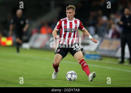 Swansea, Regno Unito. 14 agosto 2021. Ben Osborn di Sheffield Utd in azione. EFL Skybet Championship, Swansea City contro Sheffield Utd al Swansea.com Stadium di Swansea sabato 14 agosto 2021. Questa immagine può essere utilizzata solo per scopi editoriali. Solo per uso editoriale, è richiesta una licenza per uso commerciale. Nessun utilizzo nelle scommesse, nei giochi o nelle pubblicazioni di un singolo club/campionato/giocatore. pic di Andrew Orchard/Andrew Orchard sports photography/Alamy Live news Credit: Andrew Orchard sports photography/Alamy Live News Foto Stock