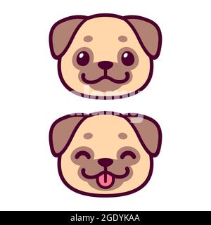 Carino disegno di faccia di pug di cartoon. Ritratto del cane Kawaii sorridente con lingua fuori. Immagine vettoriale clip art. Illustrazione Vettoriale