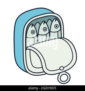 Disegno di cartoni animati di sardine o acciughe in una lattina. Illustrazione della clip art vettoriale per pesci in scatola. Illustrazione Vettoriale