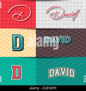 Nome maschile David in vari elementi di disegno grafico retro, insieme di vettore retro Typography disegno grafico Illustrazione Vettoriale
