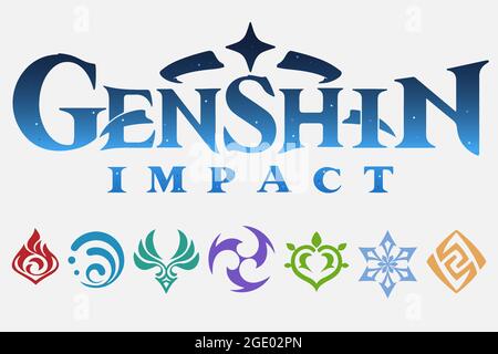 Logo di impatto di Genshin e icone di elementi impostati. Illustrazione Vettoriale
