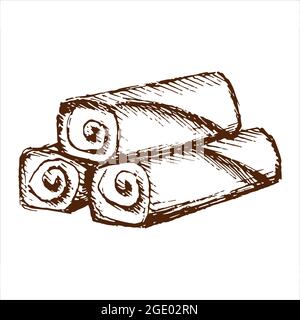 Asciugamani dal design centrale. Asciugamani in terry isolati su sfondo bianco. Disegno vettoriale a mano. Illustrazione Vettoriale