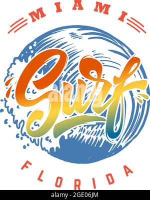 Miami surf. Modello emblema con onde e palme. Elemento di progettazione per poster, scheda, banner, cartello, emblema. Illustrazione vettoriale Illustrazione Vettoriale