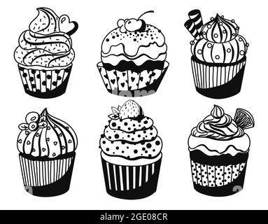 Muffin bianchi e neri con decorazioni diverse: Crema, condimento, frutti di bosco, agrumi, candela. Collezione di dolci disegnati a mano. Vettore Illustrazione Vettoriale