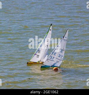 Navi a vela radiocomandate che corrono lungo il lungomare di Steveston nella British Columbia Canada Foto Stock