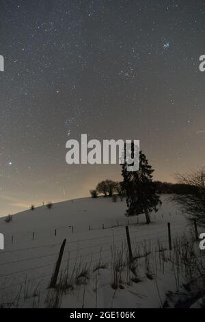 Orion e Pleiades in inverno su campo in paesaggio rurale di notte, Germania Foto Stock