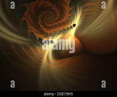 Spirali frattali e fori si attorcigliano e galleggiano nello spazio. Disegno 3d frattale astratto. Pattern a spirale ripetitivo, vortice ritorto. Rotazione simmetrica ricorsiva Foto Stock