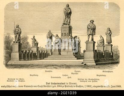 Europa, Deutschland, Rheinland-Pfalz, Worms, Lutherdenkmal, Motiv aus: ' Die Kirche Christi in Bild und Wort ', von Christlieb Gotthold Hottinger, Verlag von Dr. Hottinger´s Volksblatt ( Volksblatt Verlag ), Straßburg im Elsaß , 1878 . / Europa, Germania, Renania-Palatinato, Worms, Lutero Memorial, Immagine di : ' Die Kirche Christi in Bild und Wort ' ( la chiesa Cristo in immagine e parola ) , di Christlieb Gotthold Hottinger, casa editrice Volksblatt , Strassburg - Elsass , 1878 . Foto Stock