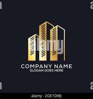 Il design del logo dell'appartamento dorato, il logo dell'edificio monogramma con colore oro, può essere utilizzato come simboli, identità del marchio, logo dell'azienda, icone o altro. Illustrazione Vettoriale