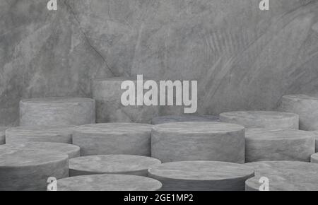 Rendering 3D. Sfondo astratto concreto. Cemento cilindro piattaforma sfondi minimi. Foto Stock
