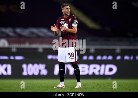 Torino, Italia. 15 agosto 2021. Rolando Mandragora del Torino FC gesti durante la partita di calcio Coppa Italia tra Torino FC e US Cremonese. Credit: Nicolò campo/Alamy Live News Foto Stock