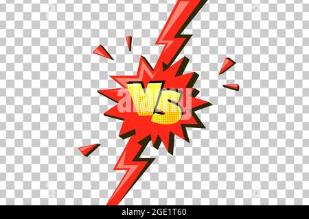 Fulmine rosso con segno versus. Simbolo di sfida a fumetti con lettere vs. Illustrazione vettoriale isolata su sfondo trasparente Illustrazione Vettoriale
