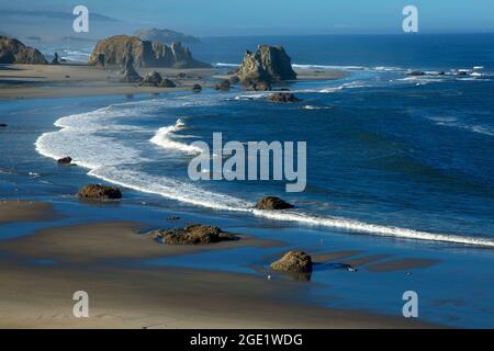 Vista sulla spiaggia a sud da Coquille Point, Oregon Islands National Wildlife Refuge-Coquille Point Unit, Bandon, Oregon Foto Stock