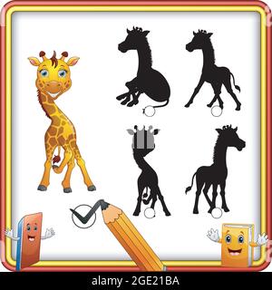 Trovare l'ombra corretta una giraffa. Gioco per bambini Shadow Matching Illustrazione Vettoriale