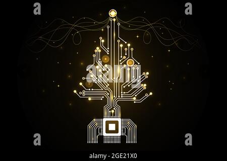 Albero di Natale dal circuito elettronico digitale. Microchip scheda madre illuminazione astratta. Illustrazione vettoriale Illustrazione Vettoriale