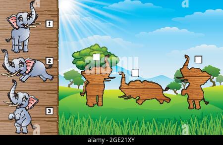 Cartoon felice collezione di elefanti. Trovare l'ombra corretta. Gioco educativo per bambini Illustrazione Vettoriale