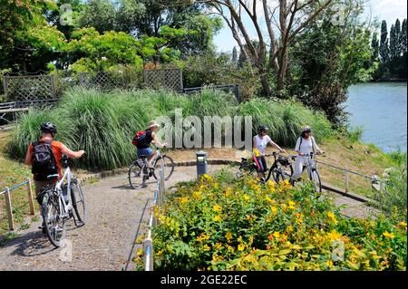 FRANCIA, VAL-D'OISE (95) HERBLAY, GIRO IN BICICLETTA ELETTRICA NELLA FORESTA E SULLE RIVE DELLA SENNA, ANDARE AL TRAGHETTO Foto Stock