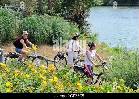 FRANCIA, VAL-D'OISE (95) HERBLAY, GIRO IN BICICLETTA ELETTRICA NELLA FORESTA E SULLE RIVE DELLA SENNA, ANDARE AL TRAGHETTO Foto Stock