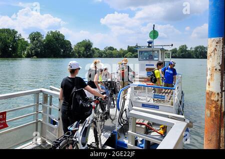 FRANCIA, VAL-D'OISE (95) HERBLAY, GIRO IN BICICLETTA ELETTRICA NELLA FORESTA E SULLE RIVE DELLA SENNA, TRAGHETTO Foto Stock