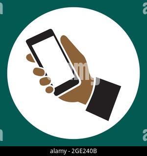 Uomo che tiene lo smartphone in mano icona vettore isolato. Icona della tecnologia. Illustrazione Vettoriale