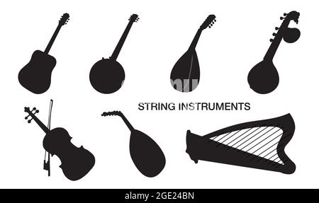 Set di strumenti musicali a corda. Chitarra, arpa, violino, sassofono. Può essere utilizzato per orchestra, concerto acustico. Raccolta dello strumento. Illustrazione Vettoriale